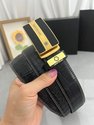 1:1  Montblanc Black Leather Belt with  Logo Buckle Gold and Black Alternating Buckle 3.5cm